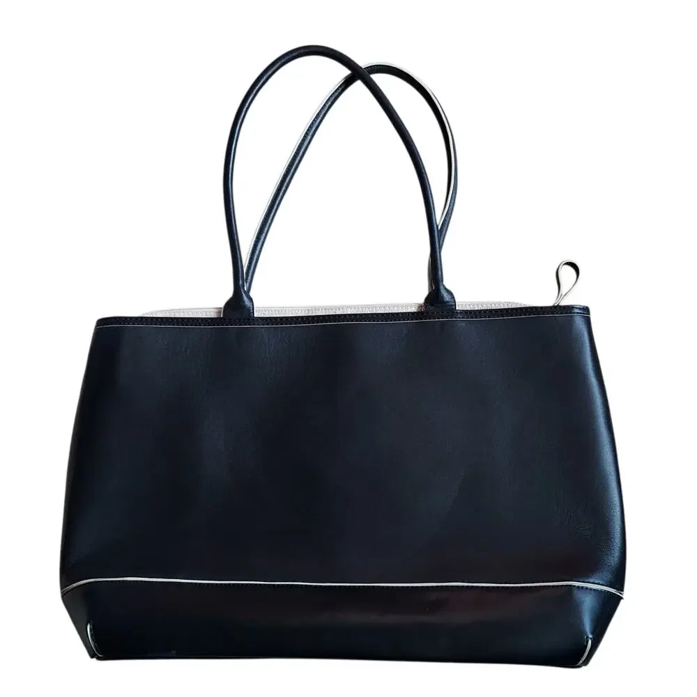 Nunzia Tuscany Women's Chic Leather Laptop Tote Shoulder Bag Black Beige